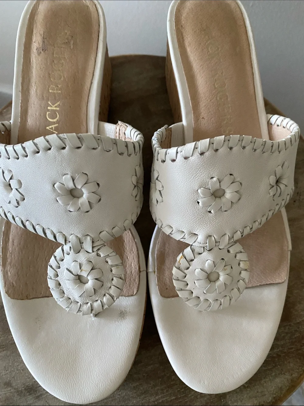 Jack Rogers White Leather Cork Thong Platform Sandals with Floral Stitching 7